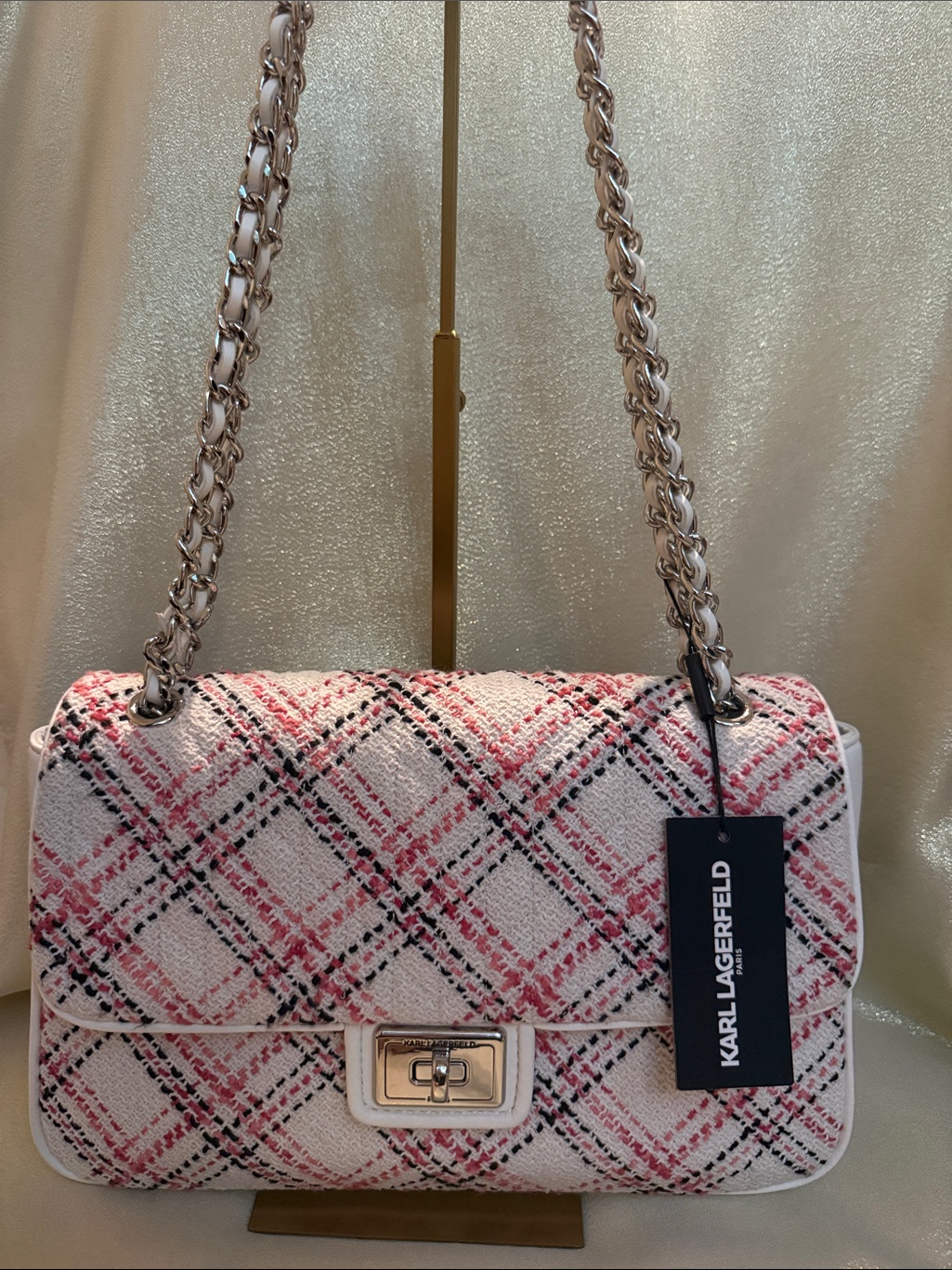 Karl Lagerfeld Pink, Black And White Plaid Chain Shoulder Bag - Stunning